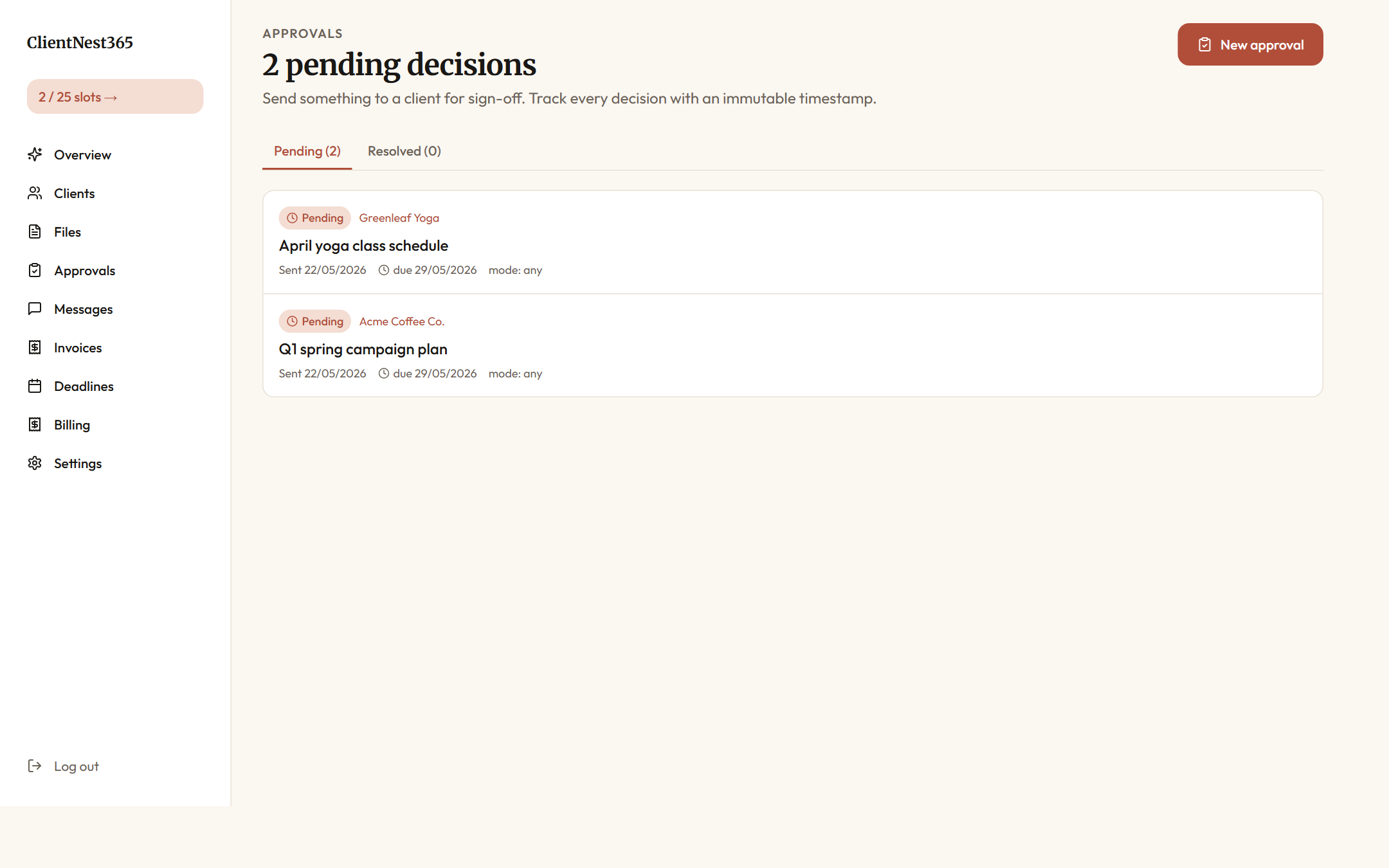 Agency approvals view showing two pending decisions: an April yoga class schedule and a Q1 spring campaign plan, each with sent date, due date, and mode