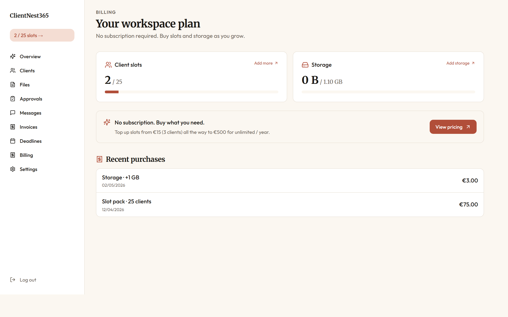 Agency billing page showing the slot inventory, storage inventory, and purchase ledger with two paid line items