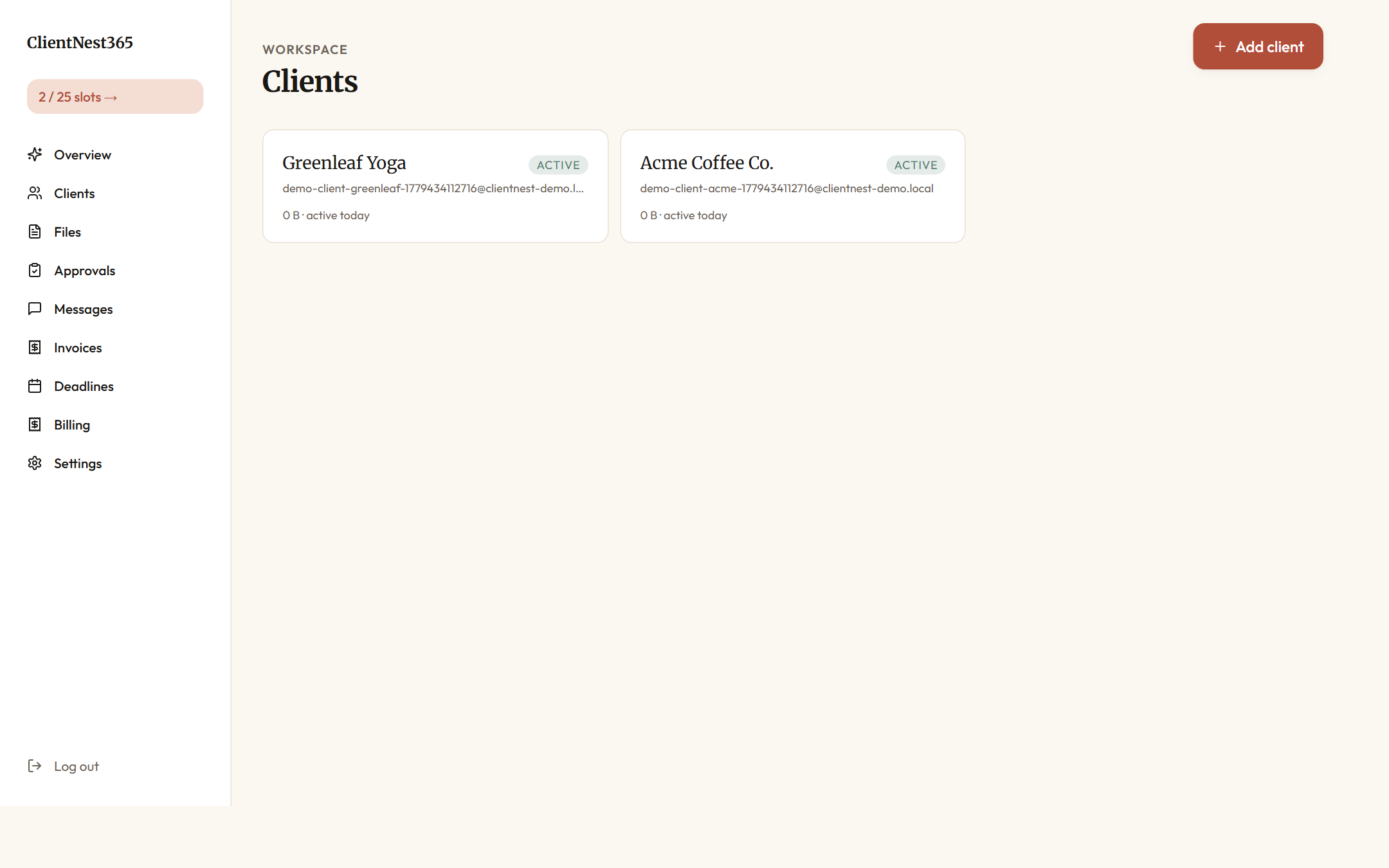Clean client list with status, storage usage, and last-activity columns. No CRM tabs to configure.