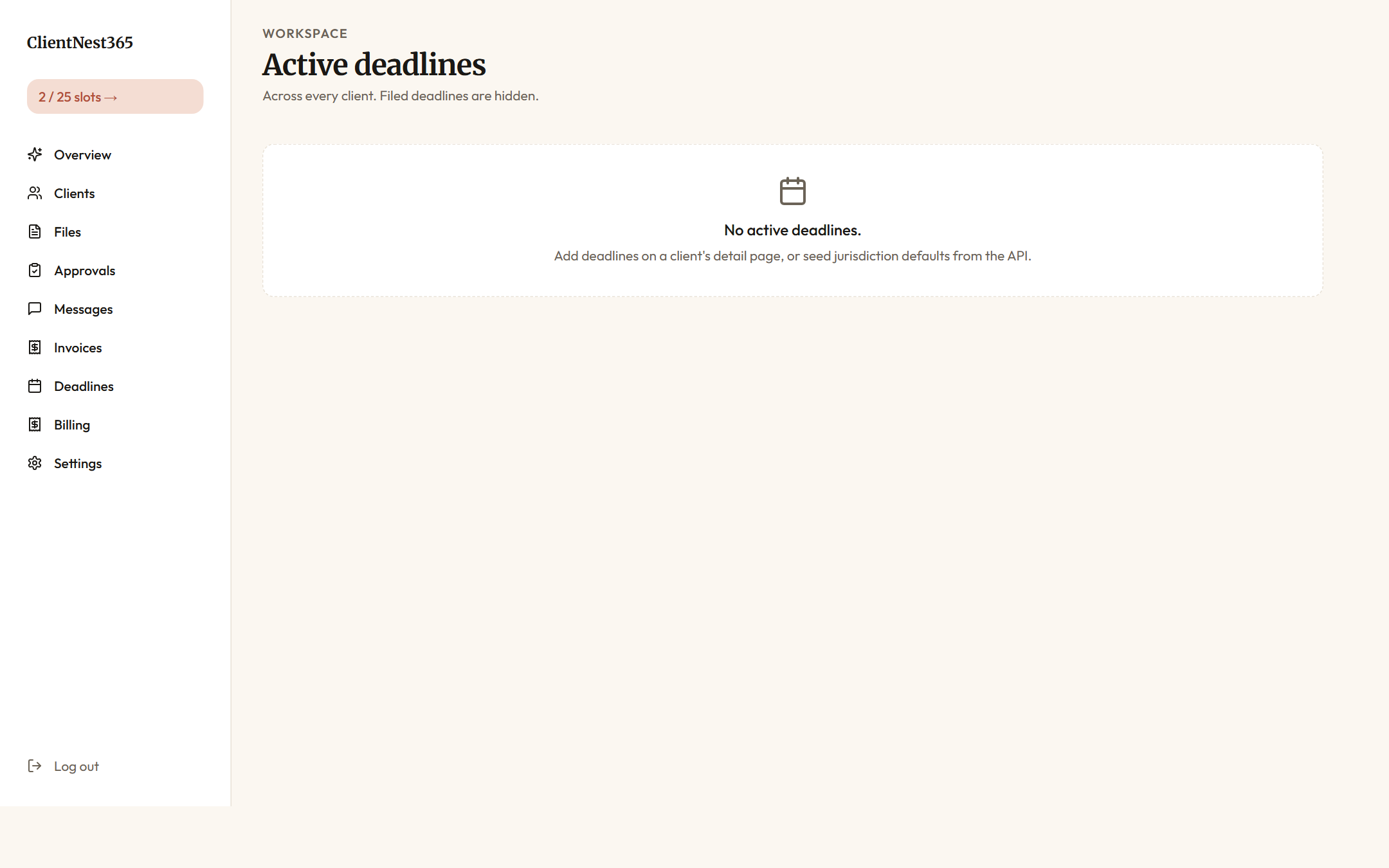 Agency deadline tracker showing monthly checkpoints across clients with due-soon and overdue states
