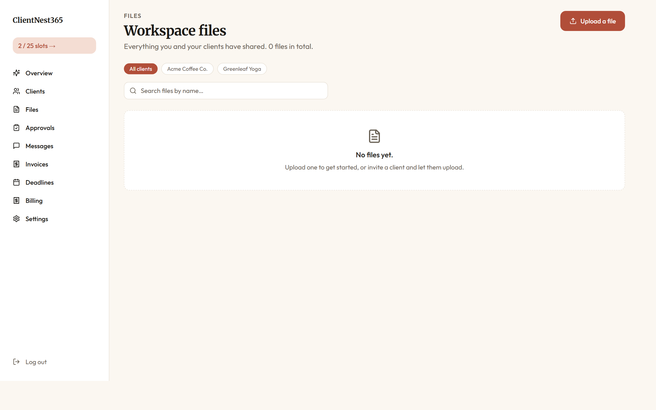 Agency files view listing files uploaded for each client, with size and upload timestamp