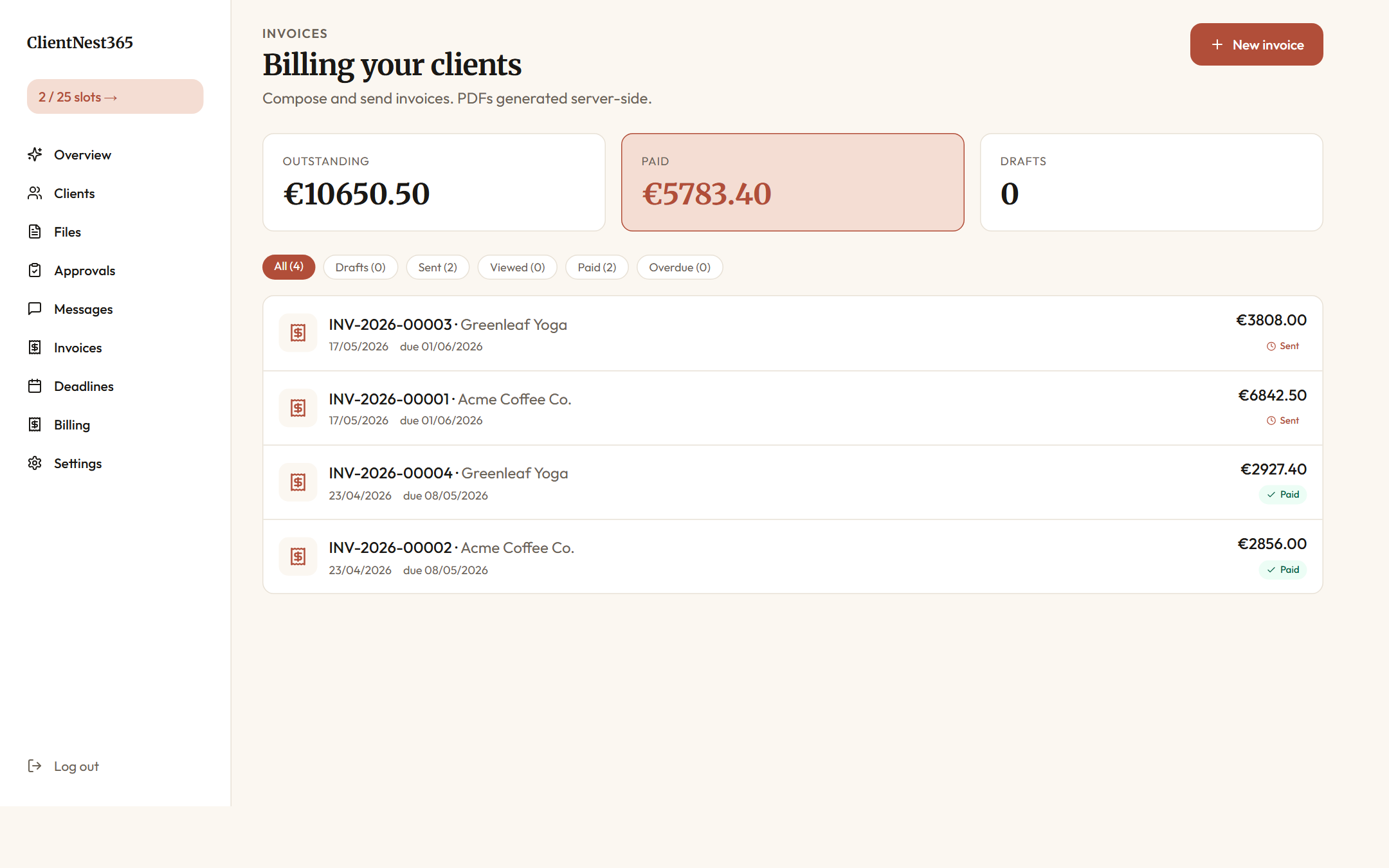 Agency invoices view with outstanding total, paid total, drafts count, and four invoice rows across two clients, each marked Sent or Paid