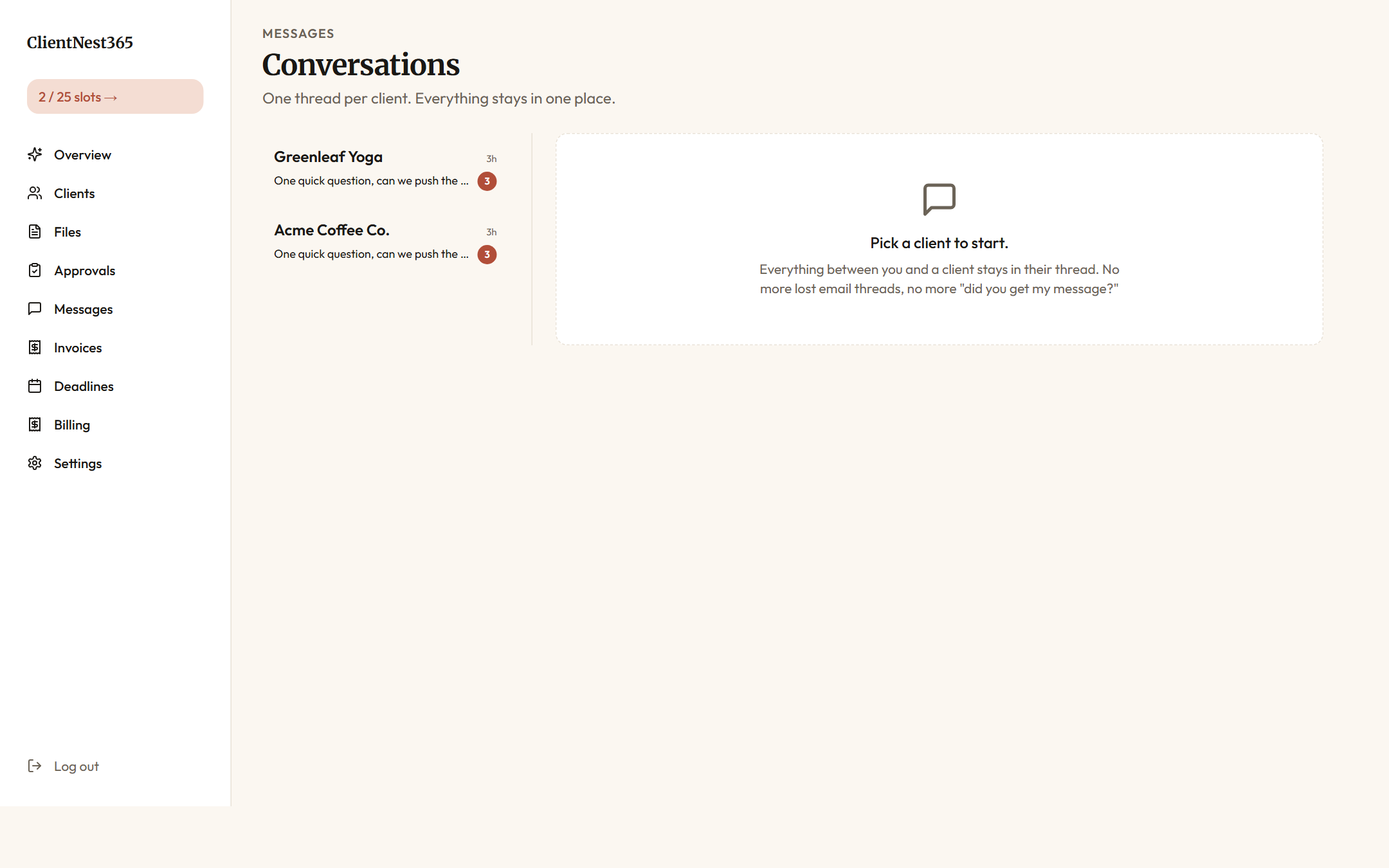 Agency messages view with conversation threads per client, showing the most recent exchange and read state
