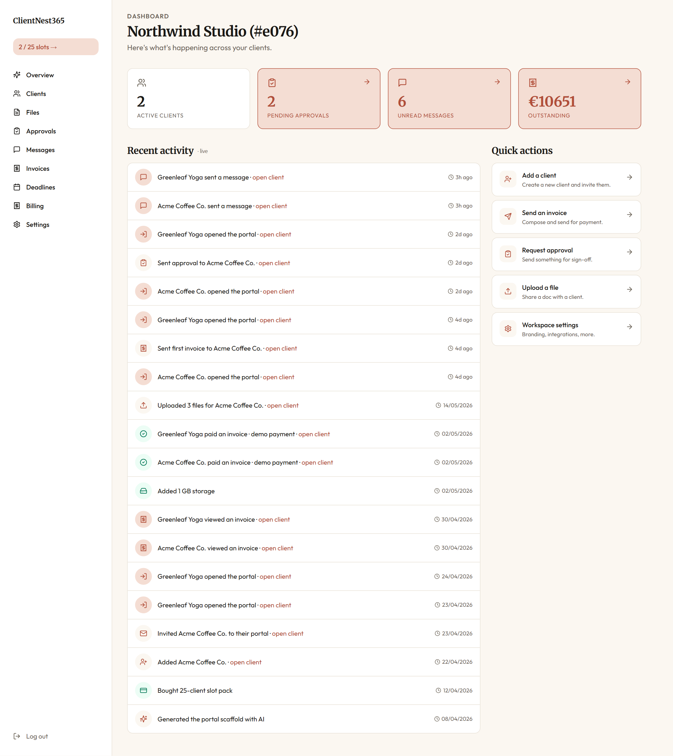 Premium-feel agency dashboard with overview, recent activity, and AI assist surfaced inline