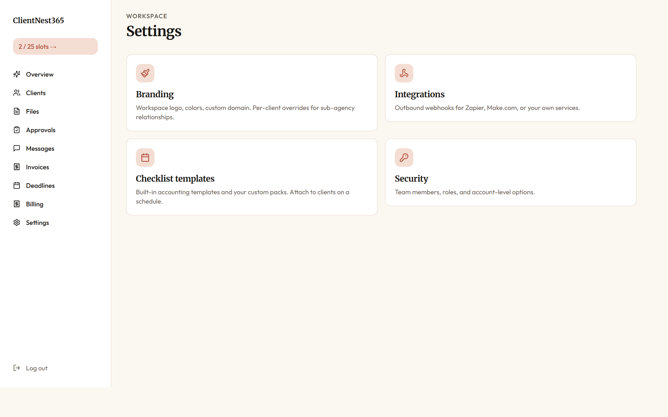 Agency settings page with branding section, custom domain field, webhook endpoints, and team member list
