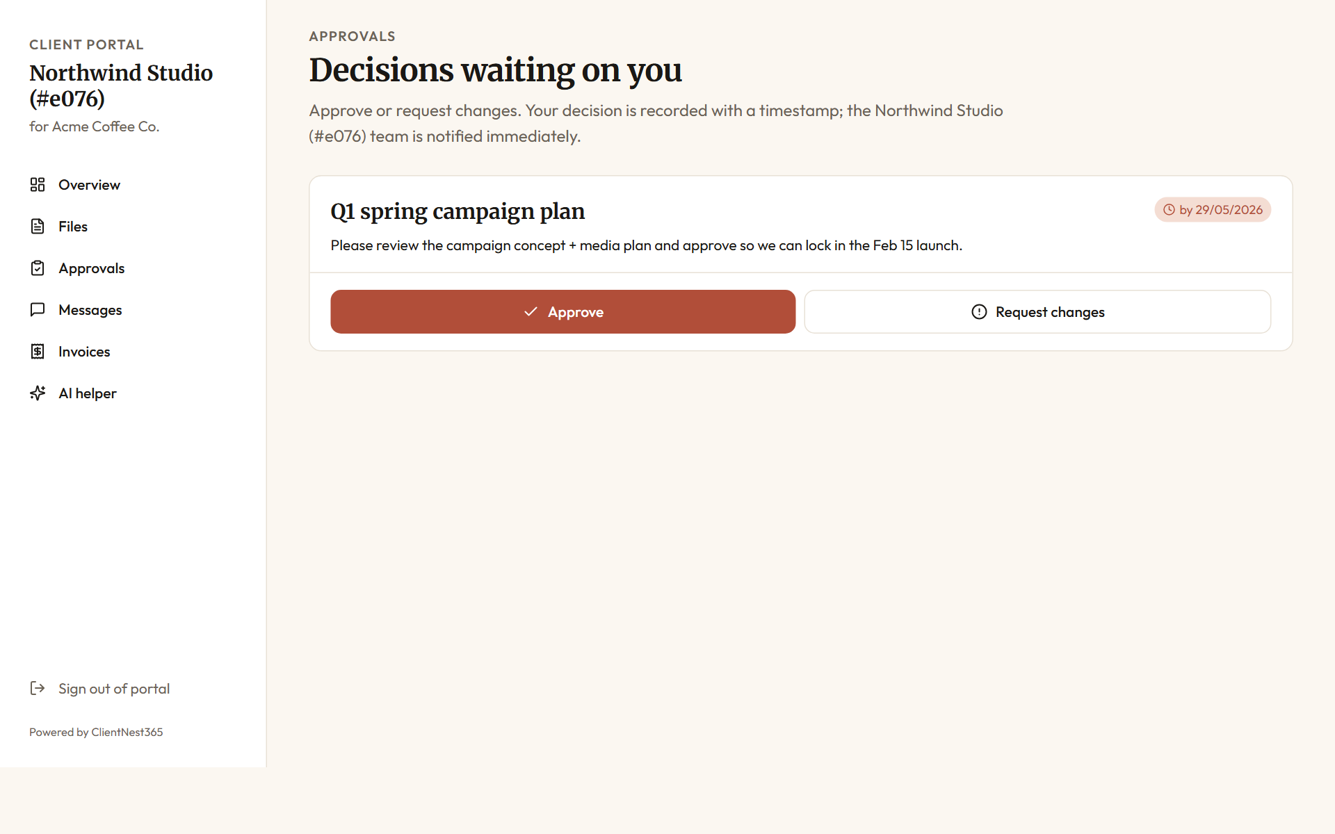 Client portal approvals view listing the pending decisions the client needs to act on