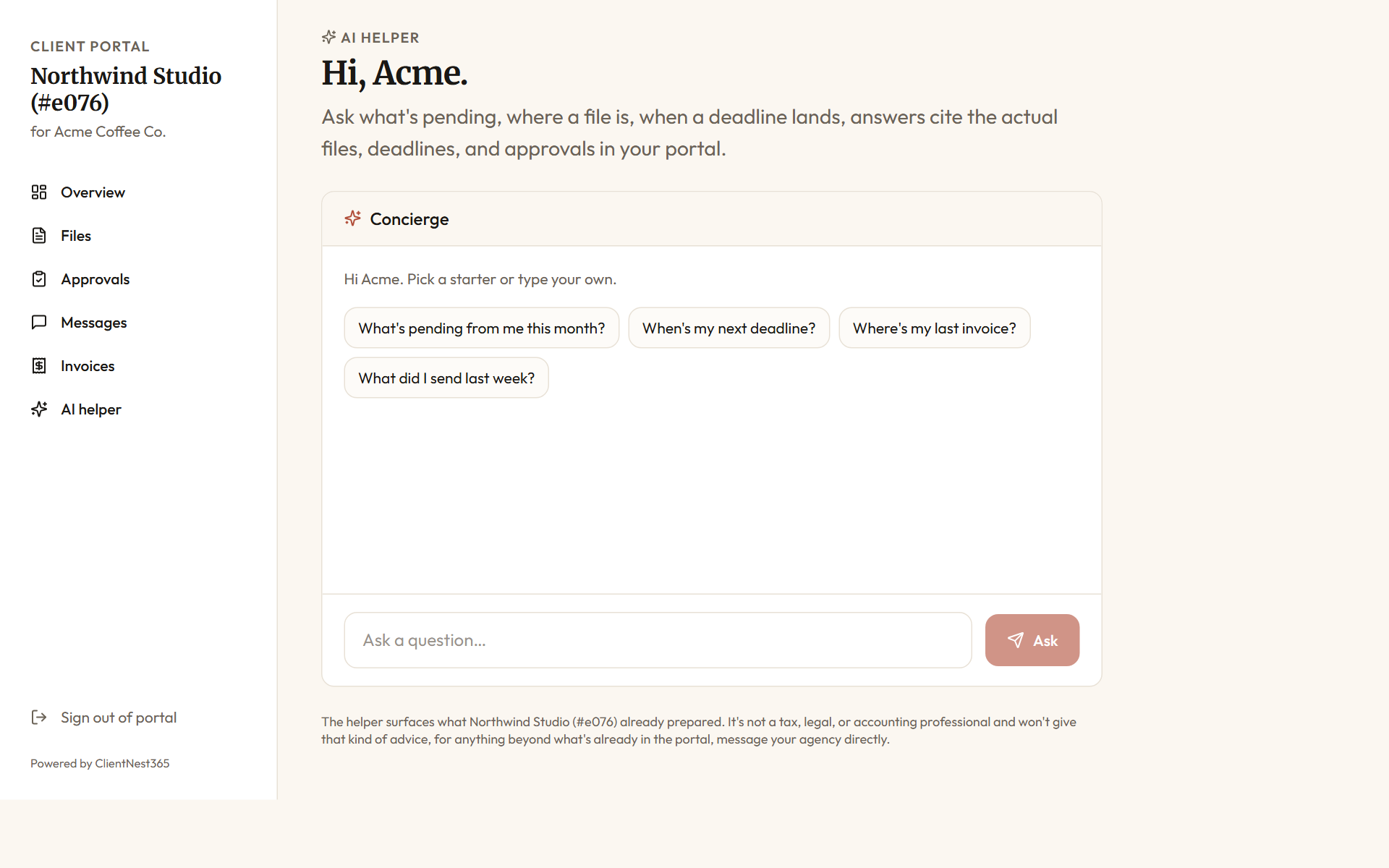 Client portal AI helper view, framed as the client asking "what's pending from me?" or "when's my next deadline?"