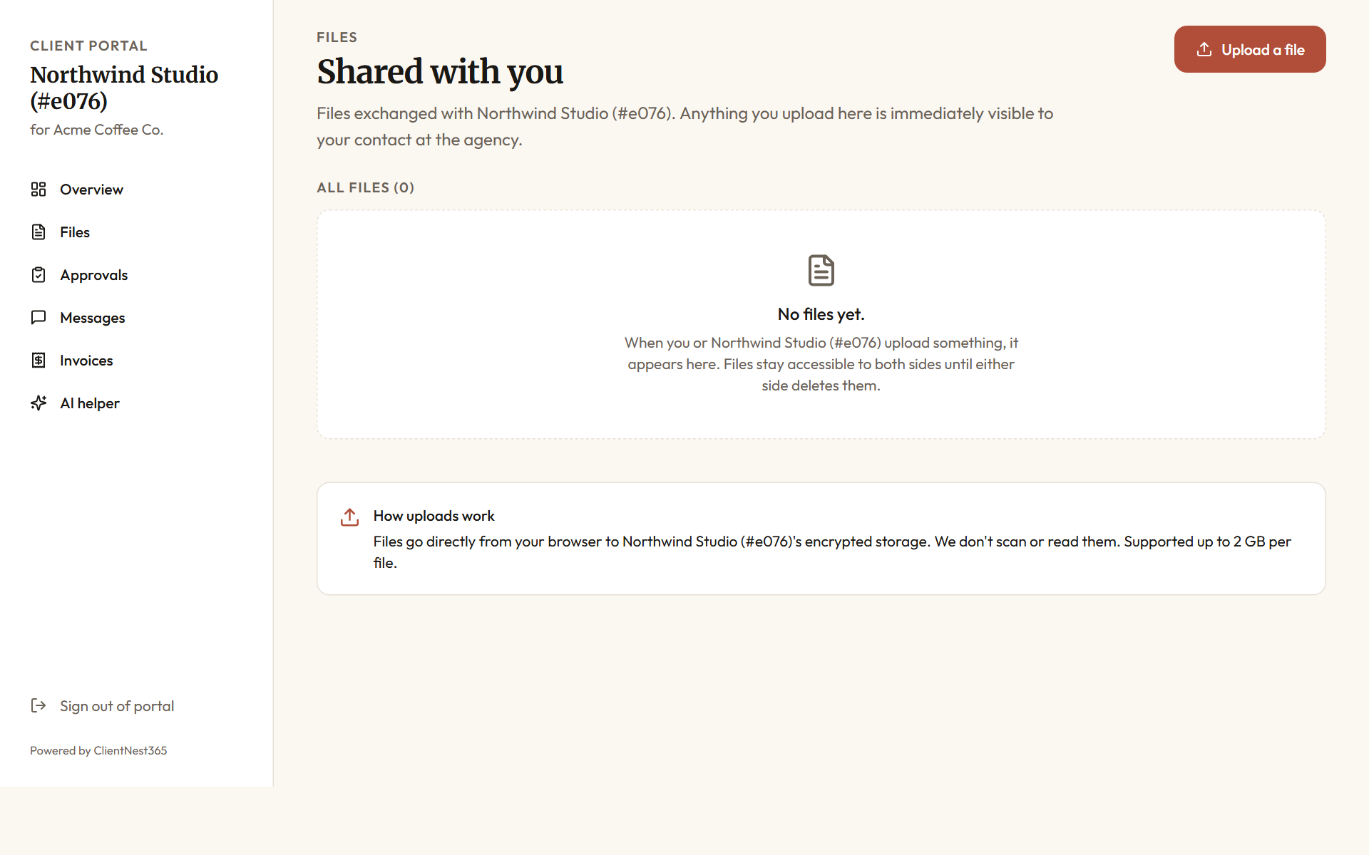 Client portal files view showing the same documents the agency uploaded, with download buttons and upload timestamps