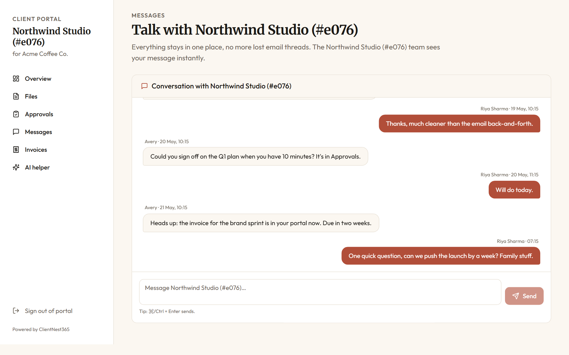 Client portal messages view: a two-sided conversation between the client and Northwind Studio with timestamps, send-on-Cmd/Ctrl+Enter hint, and a Send button