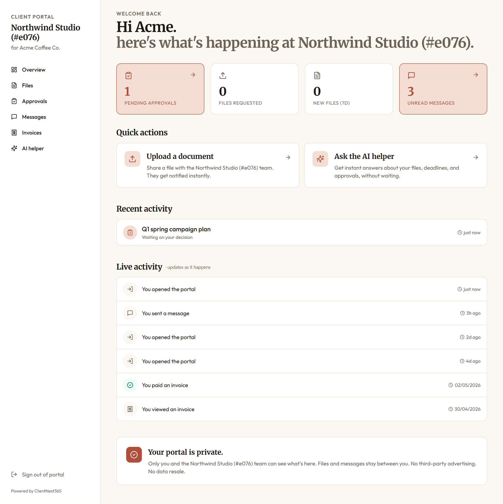 Per-client workspace with files, approvals, invoices, and messages in one view